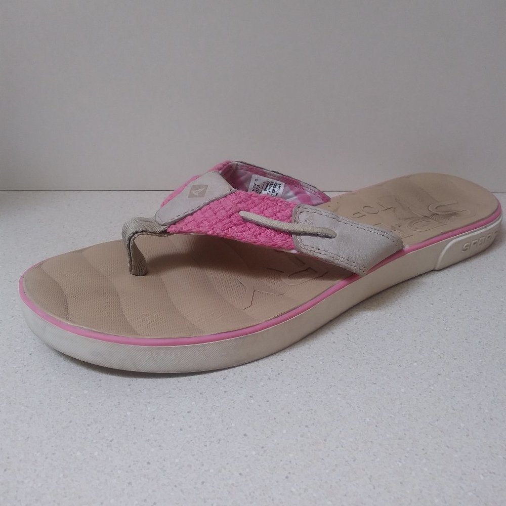 Sperry 8M Non Slip Comfy Pink Plaid Flat Thong Flip Flop Sandals Leather Woven